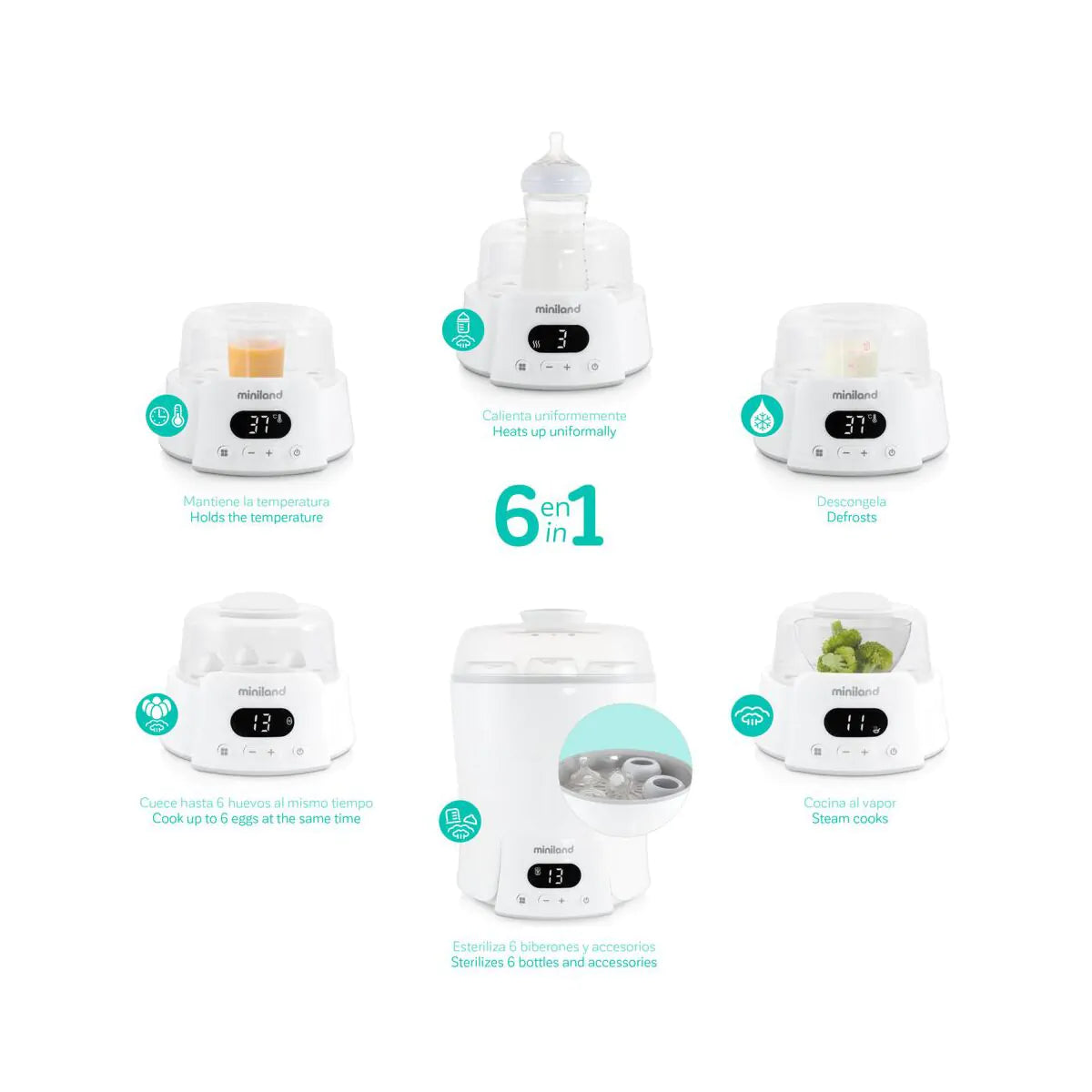 Scaldabiberon, sterilizzatore e vaporizzatore , 6 in 1 - Miniland