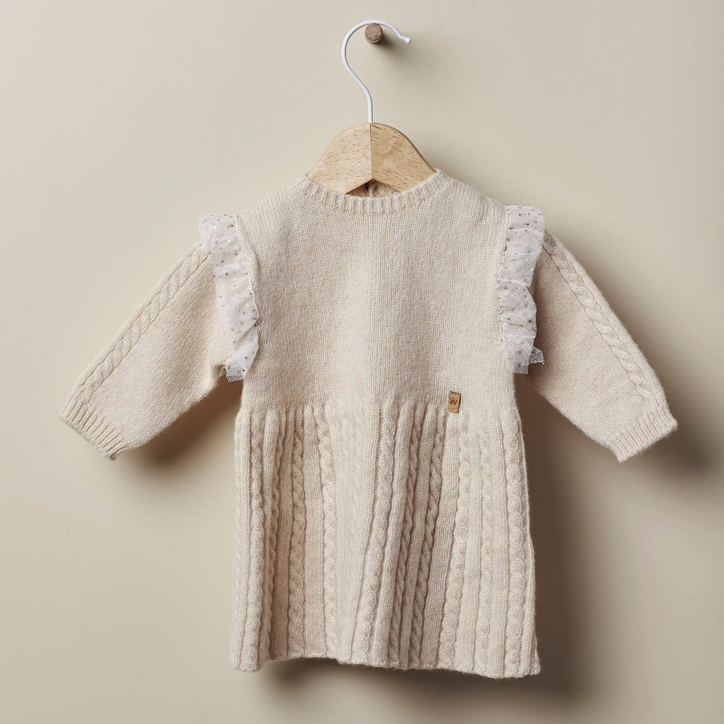 abito bimba beige e oro invernale wedoble in lana e cashmere