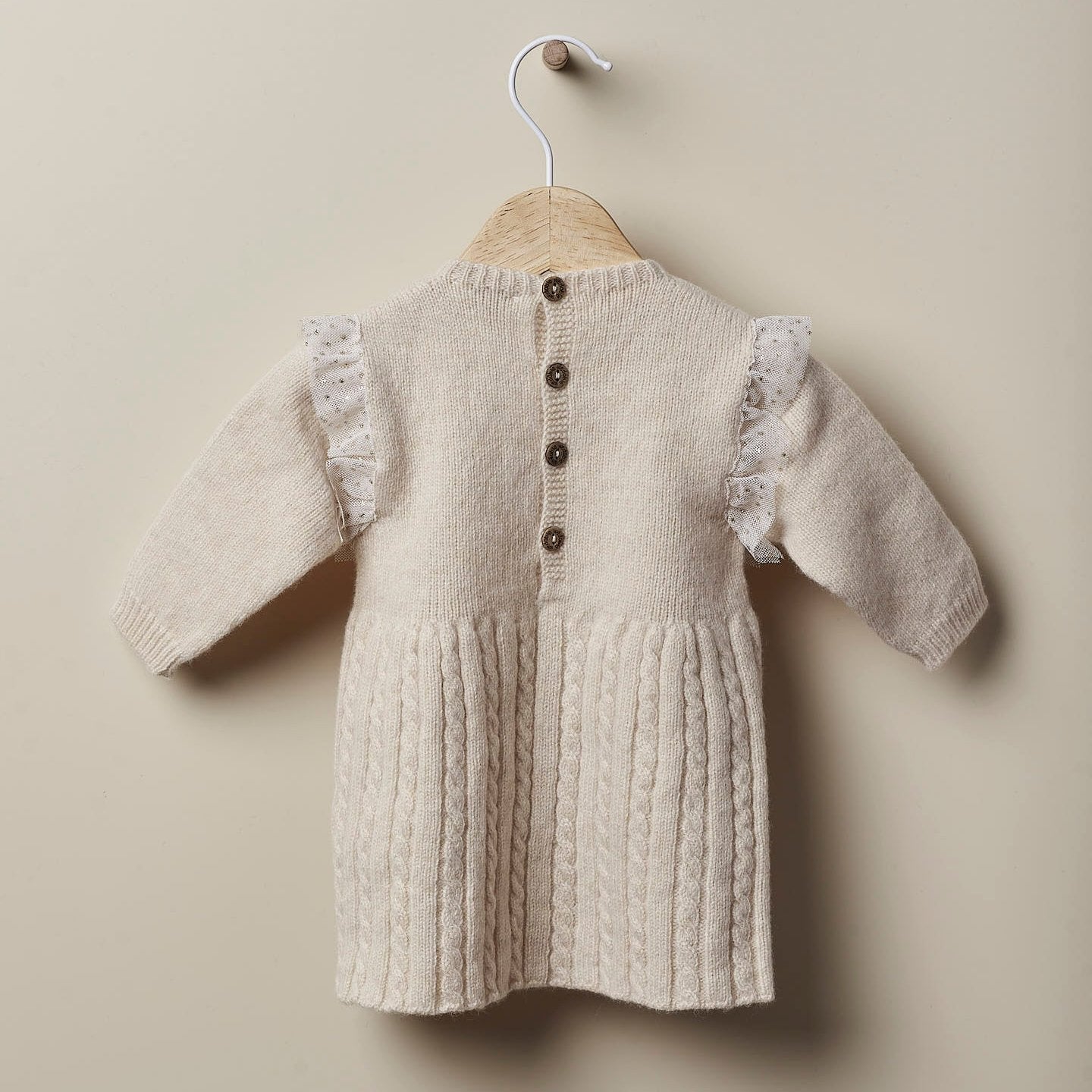abito bimba beige e oro invernale wedoble in lana e cashmere