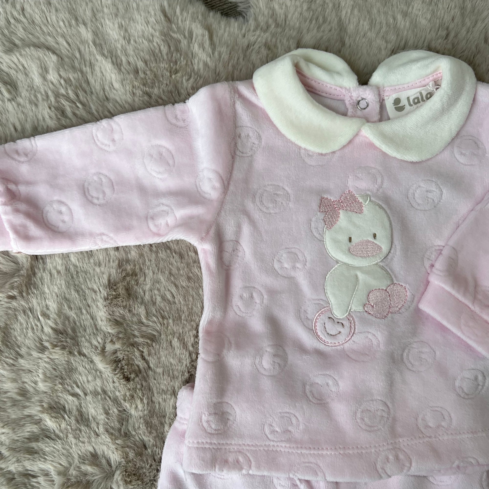 Tutina in ciniglia rosa con paperella bimba fino alla 6 mesi - Lalalù