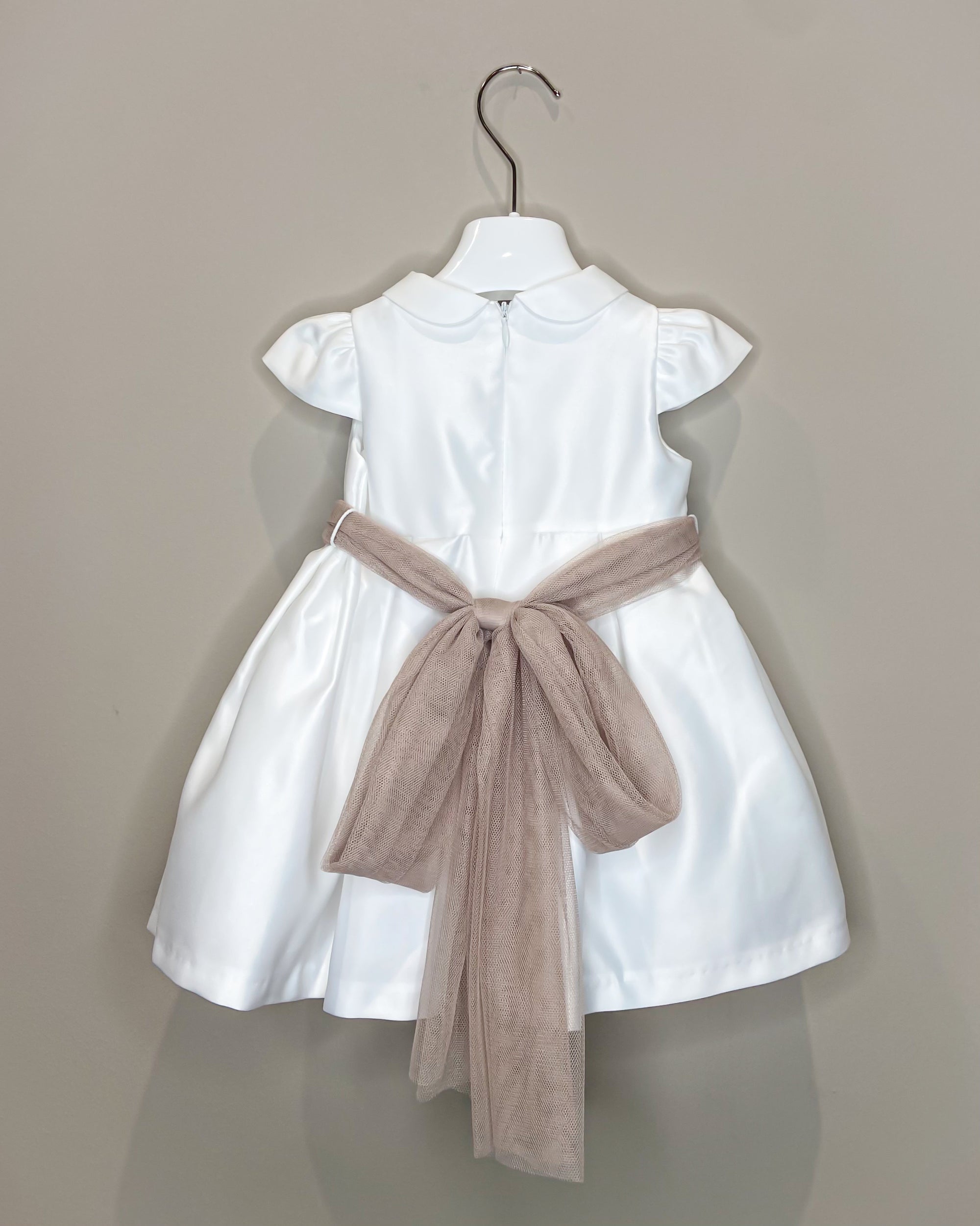 Vestitino Cerimonia Bianco con Fascia in Tulle Tortora - Ninnaoh