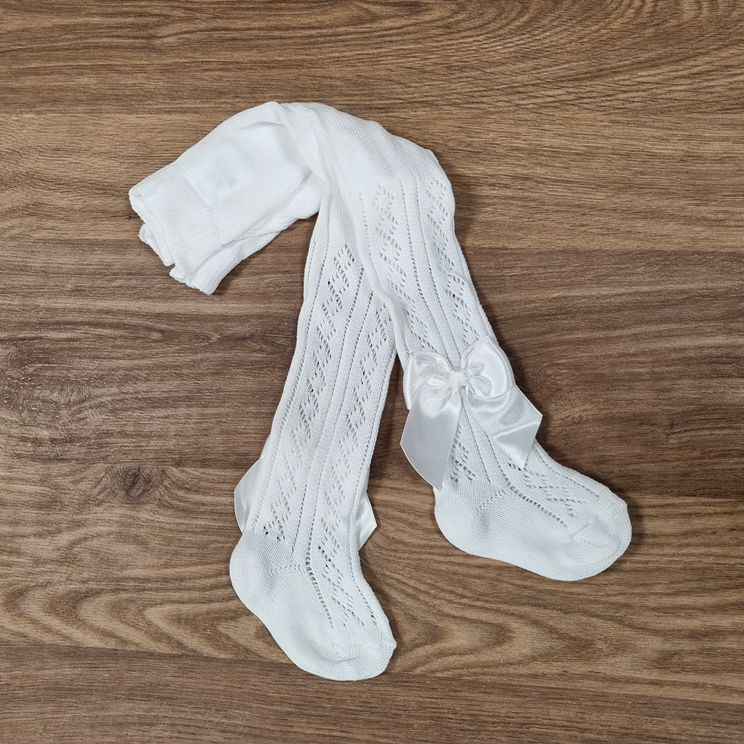 collant neonato estivo traforato con fiocco in raso bianco meia pata 3