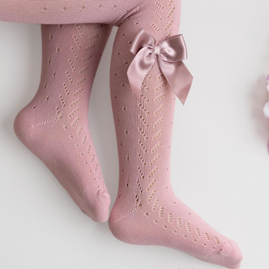 collant neonato estivo traforato con fiocco in raso rosa meia pata 2
