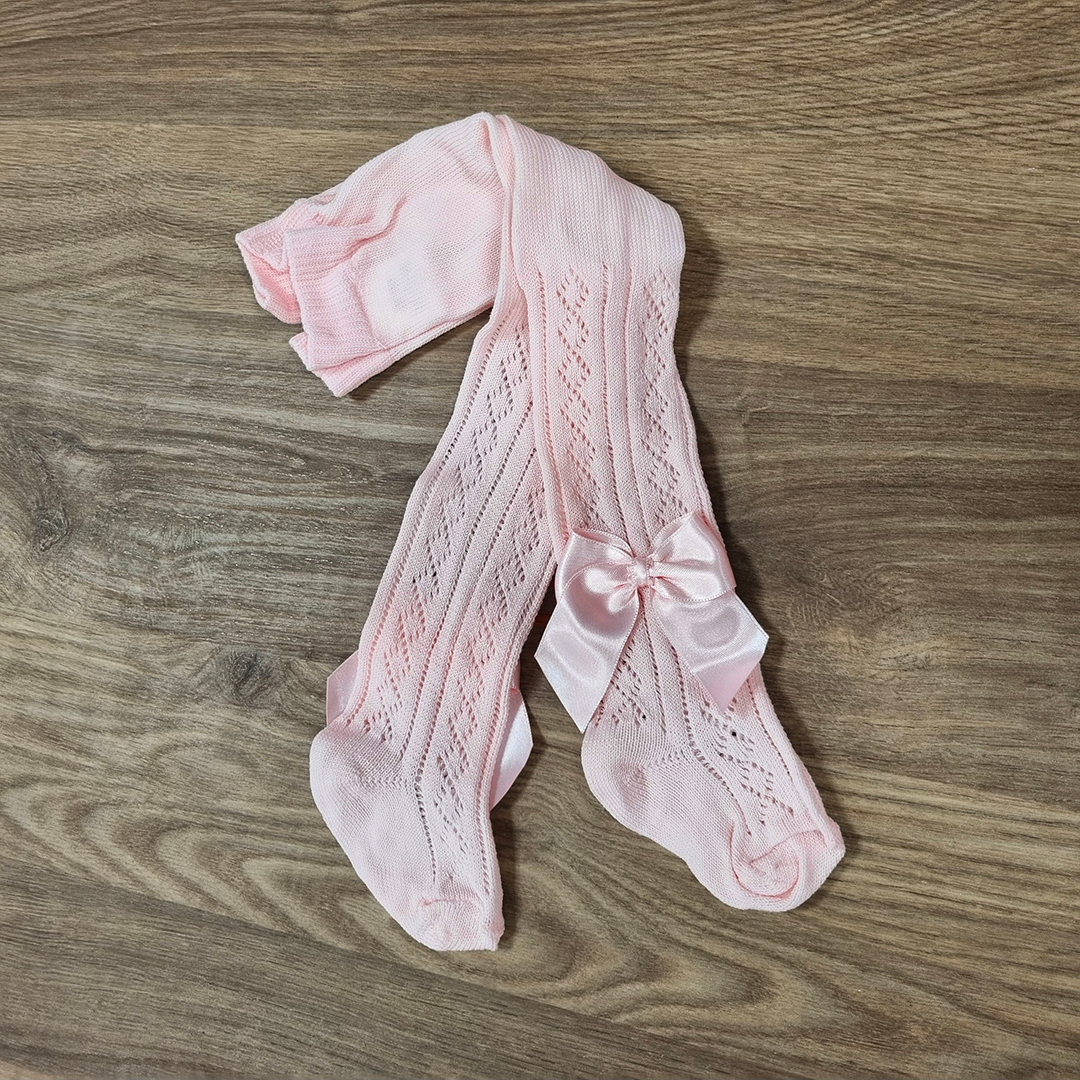 collant neonato estivo traforato con fiocco in raso rosa meia pata 3