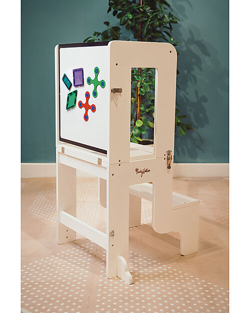 Torre Montessori 3 in 1 - Bianco - Lavagna Magnetica e Convertibile in Tavolo+Sedia