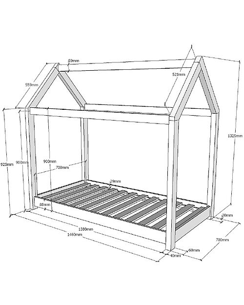 Letto Cabane - 70 x 140 cm - Legno di Pino Massiccio - con Doghe Incluse