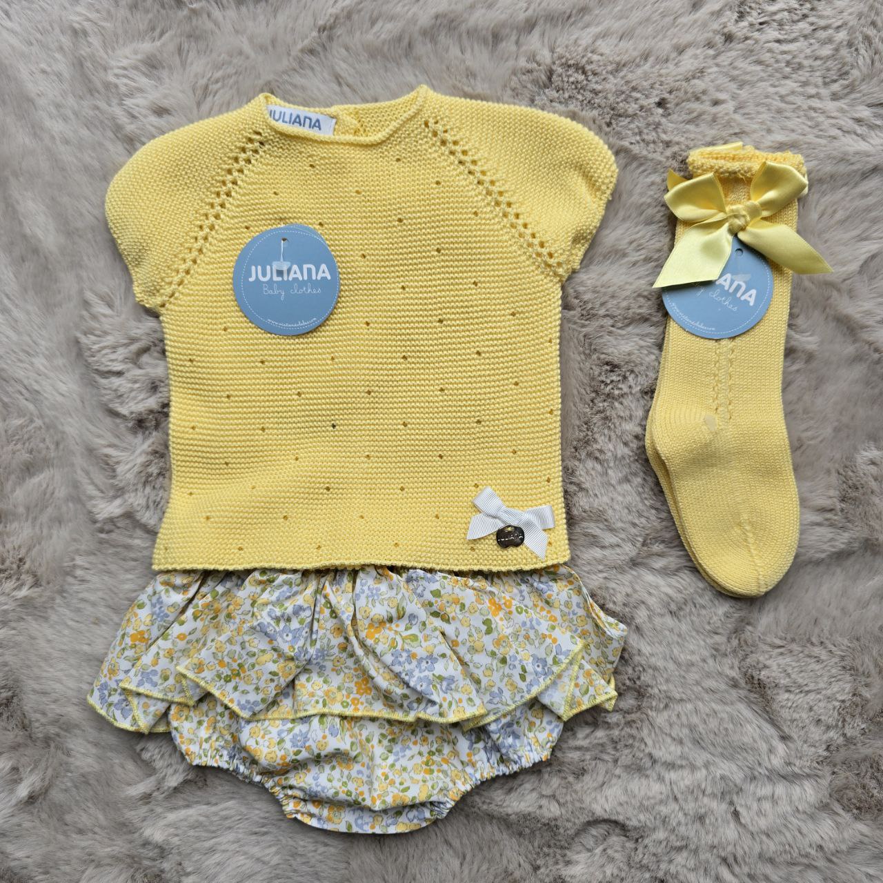 Completo 2 pezzi giallo con gonnellina a volant fiorata - Juliana