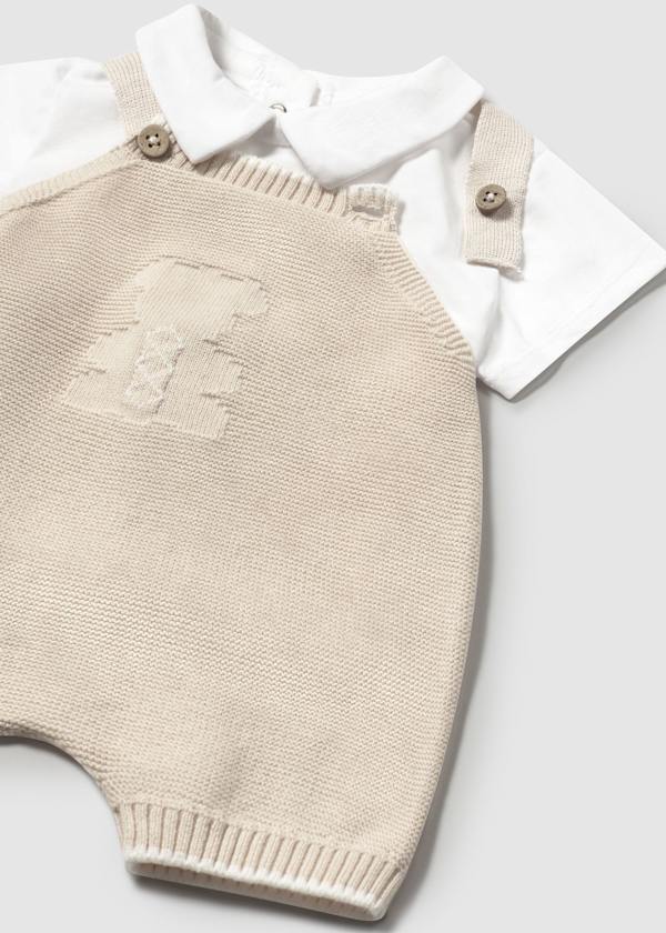 Completo salopette tricot e maglietta neonato