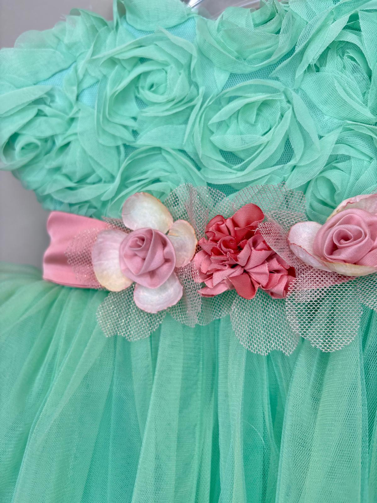 Vestitino Cerimonia Verde con Cinturino Rosa - Marlù