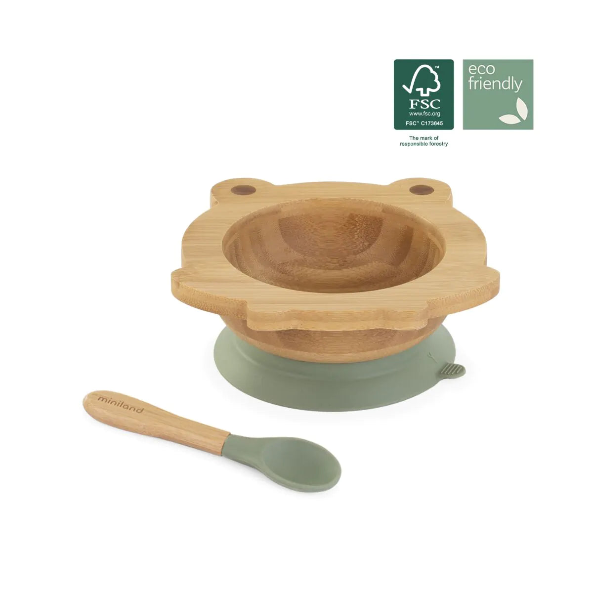 Ciotola e cucchiaino in legno di bambù con ventosa verde - Miniland