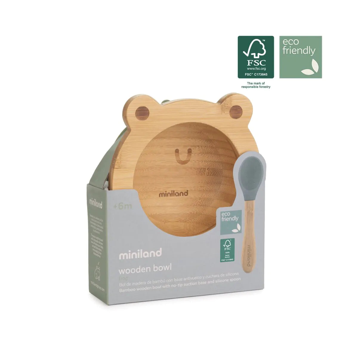Ciotola e cucchiaino in legno di bambù con ventosa verde - Miniland