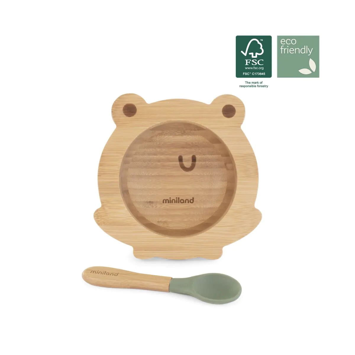 Ciotola e cucchiaino in legno di bambù con ventosa verde - Miniland