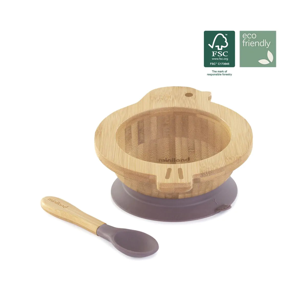 Ciotola e cucchiaino in legno di bambù con ventosa prugna - Miniland