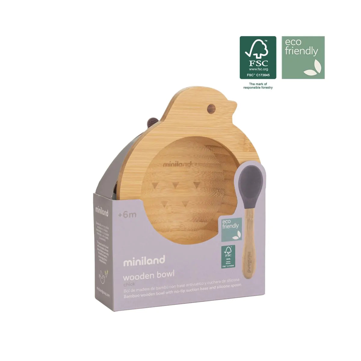 Ciotola e cucchiaino in legno di bambù con ventosa prugna - Miniland