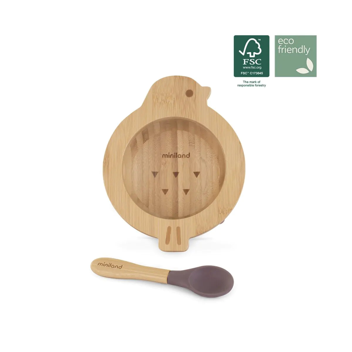 Ciotola e cucchiaino in legno di bambù con ventosa prugna - Miniland