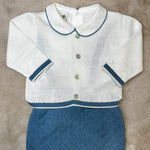 Pagliaccetto/Salopette in filo con cardigan blu e bianco - Marlù