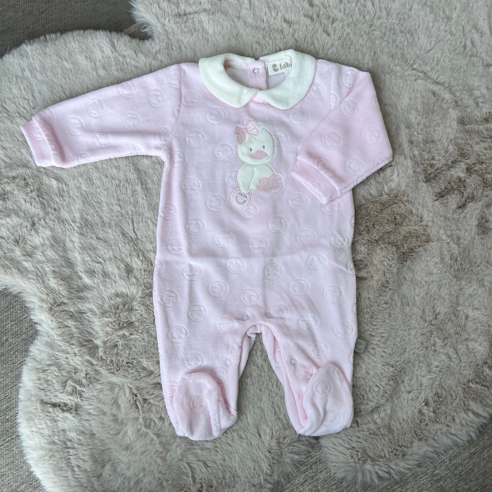 Tutina in ciniglia rosa con paperella bimba fino alla 6 mesi - Lalalù