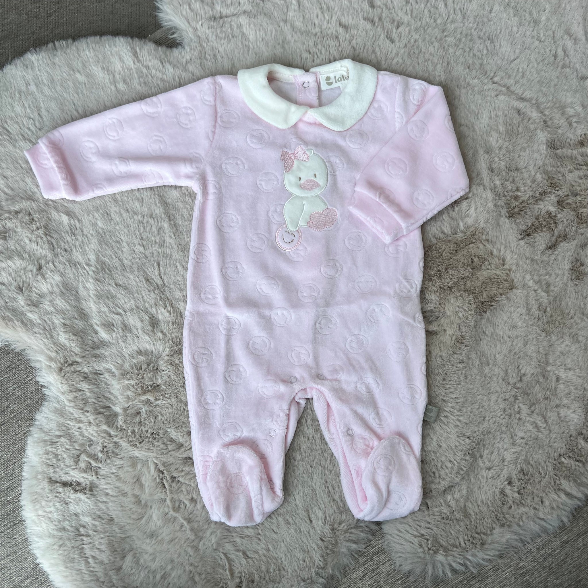 Tutina in ciniglia rosa con paperella bimba fino alla 6 mesi - Lalalù