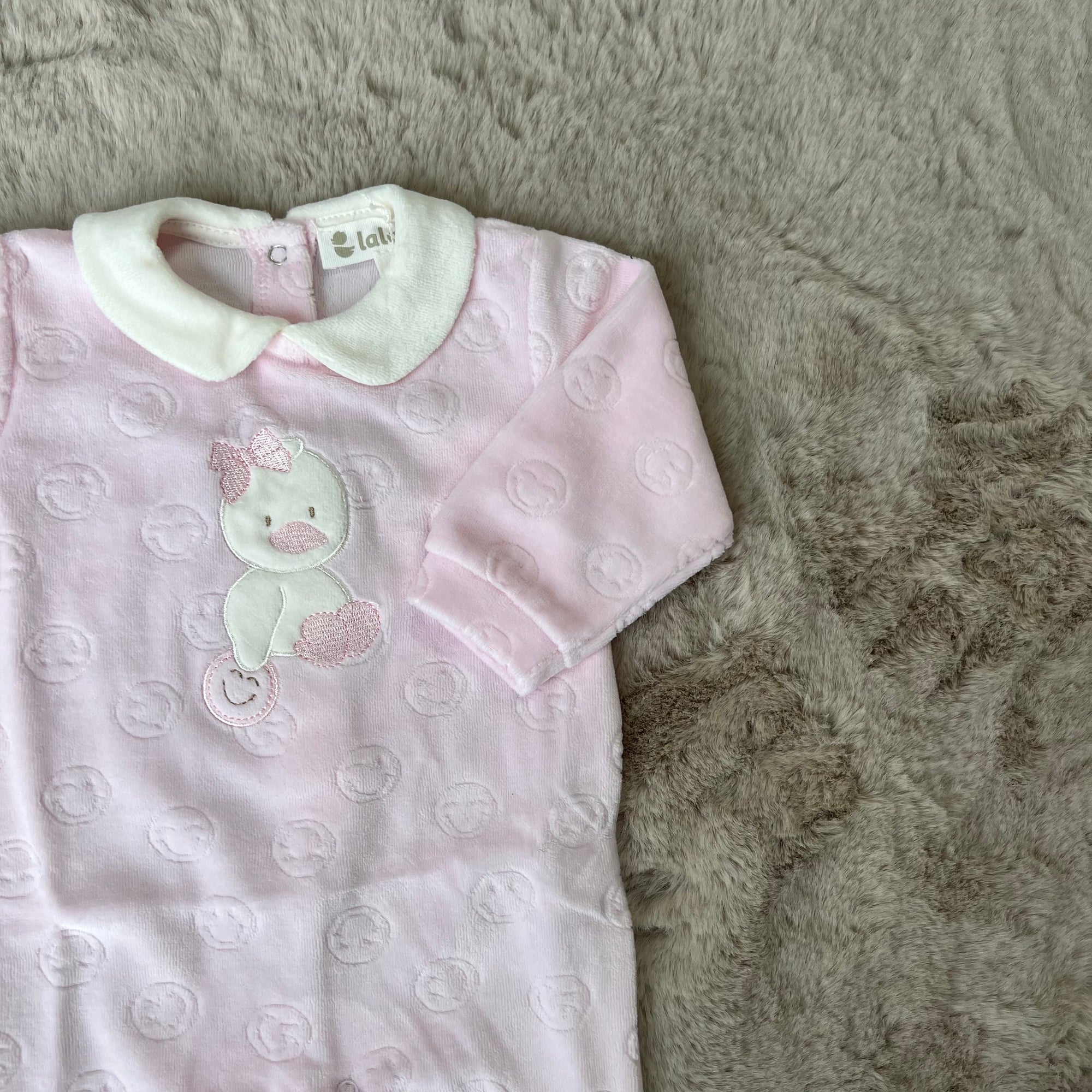 Tutina in ciniglia rosa con paperella bimba fino alla 6 mesi - Lalalù