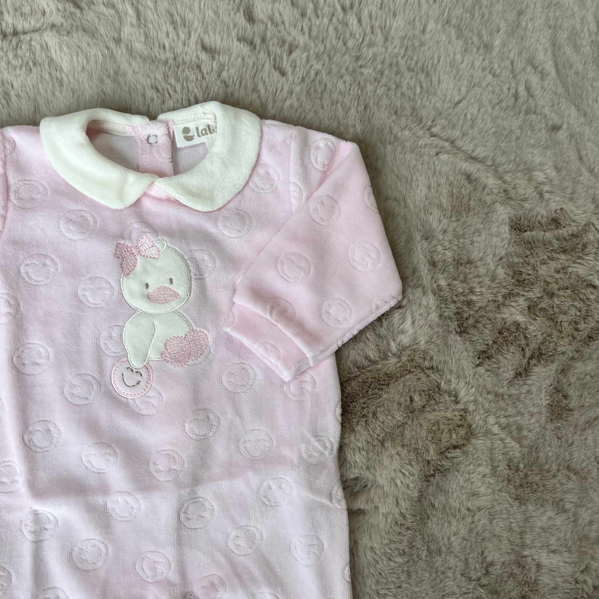 Tutina in ciniglia rosa con paperella bimba fino alla 6 mesi - Lalalù