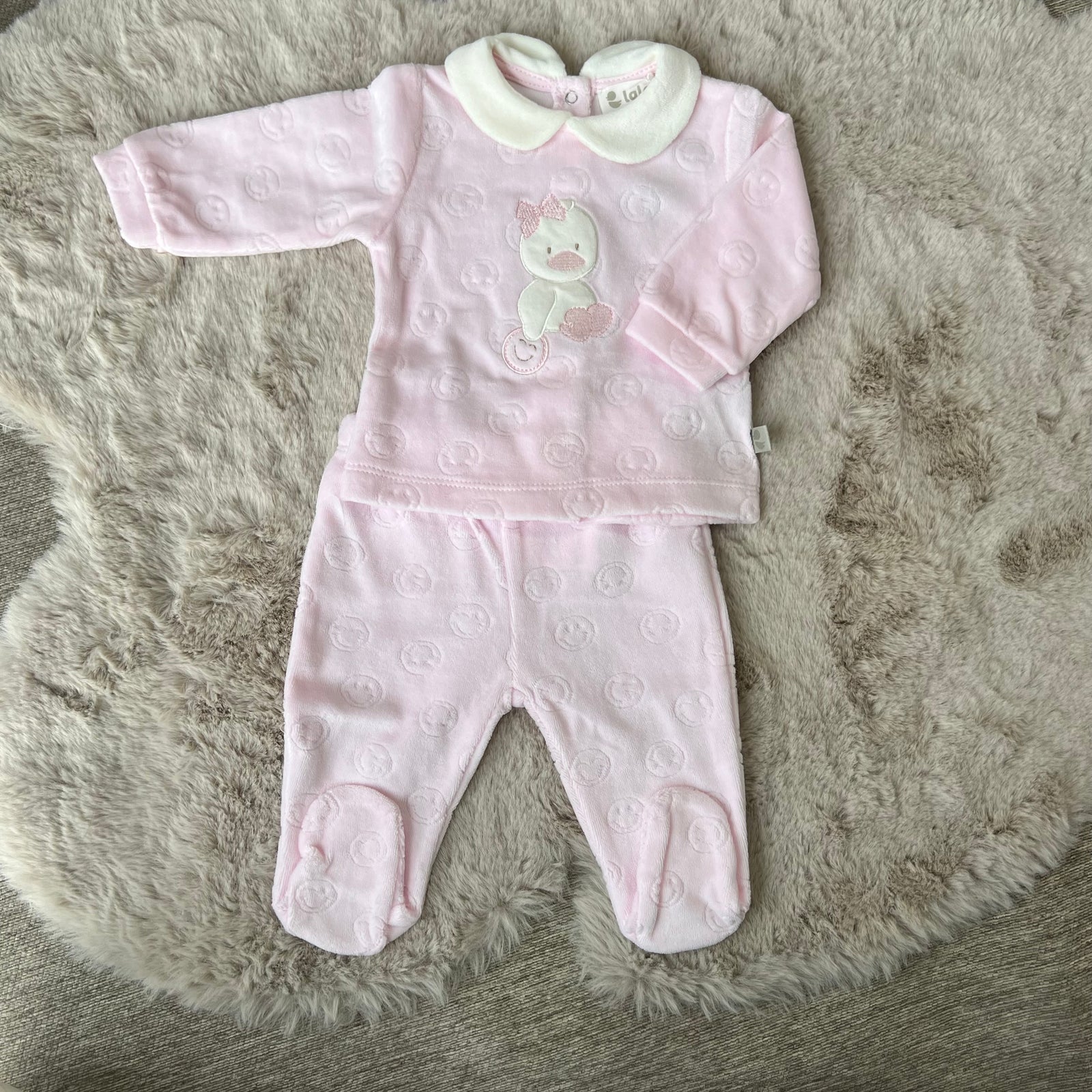 Tutina in ciniglia rosa con paperella bimba fino alla 3 mesi - Lalalù