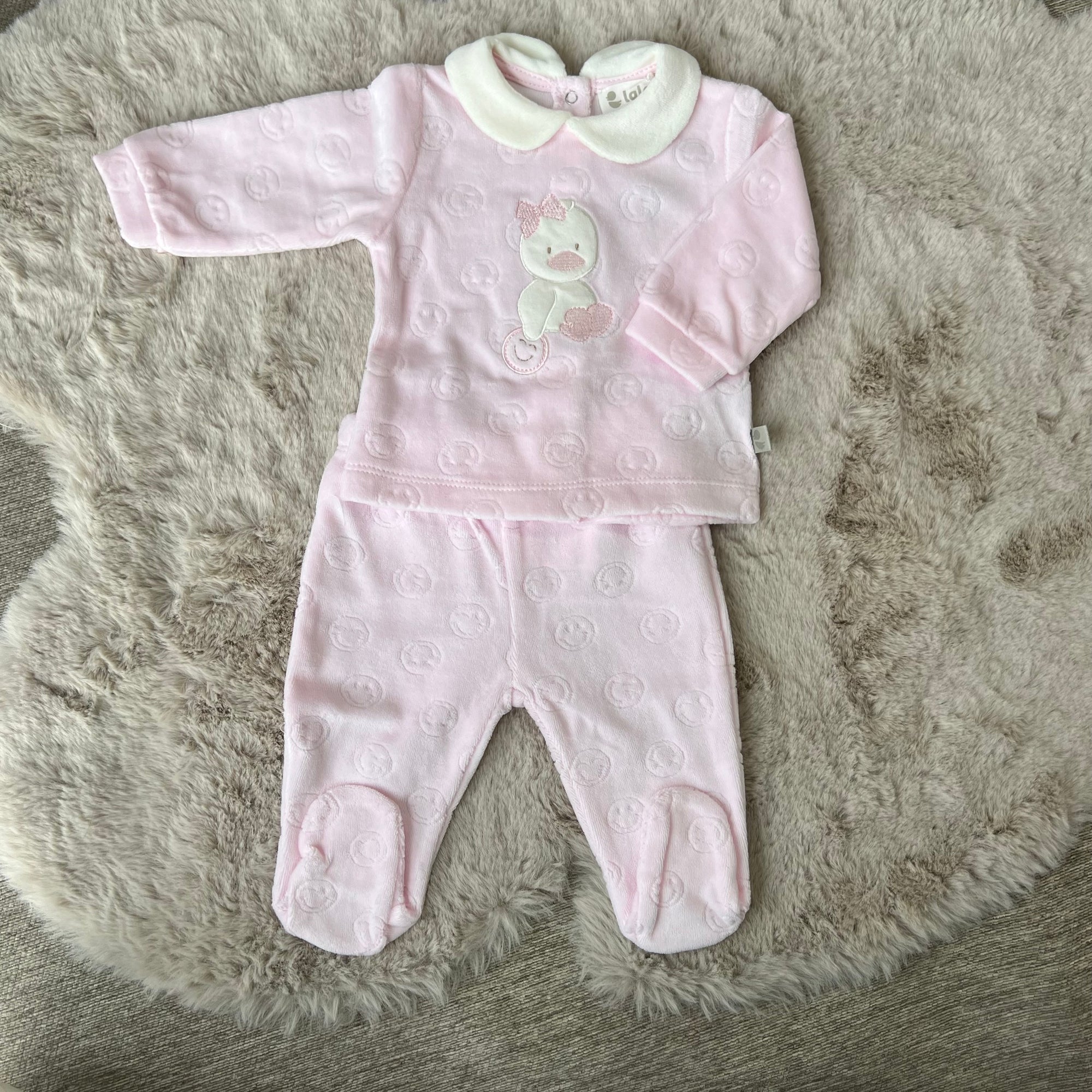 Tutina in ciniglia rosa con paperella bimba fino alla 3 mesi - Lalalù