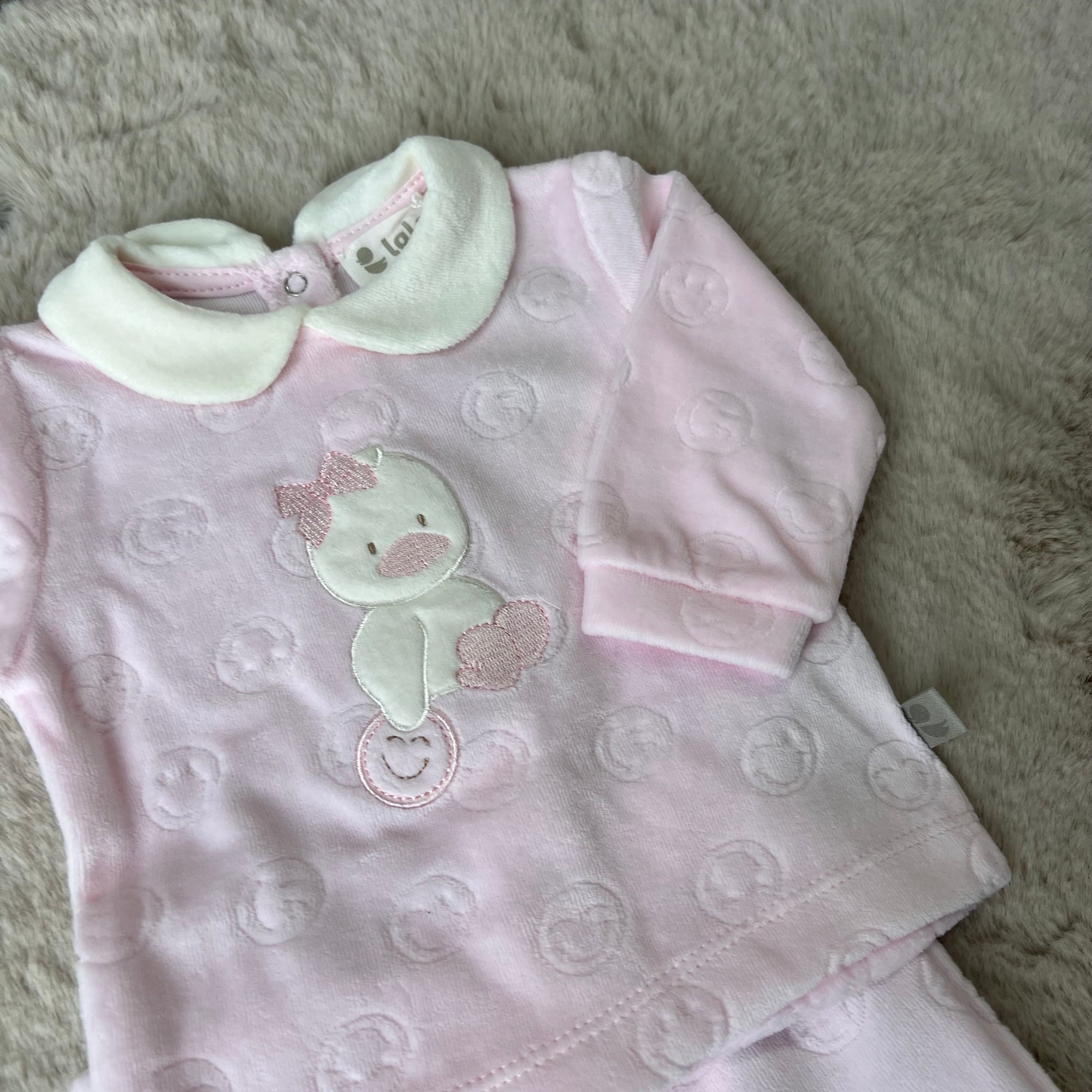 Tutina in ciniglia rosa con paperella bimba fino alla 3 mesi - Lalalù