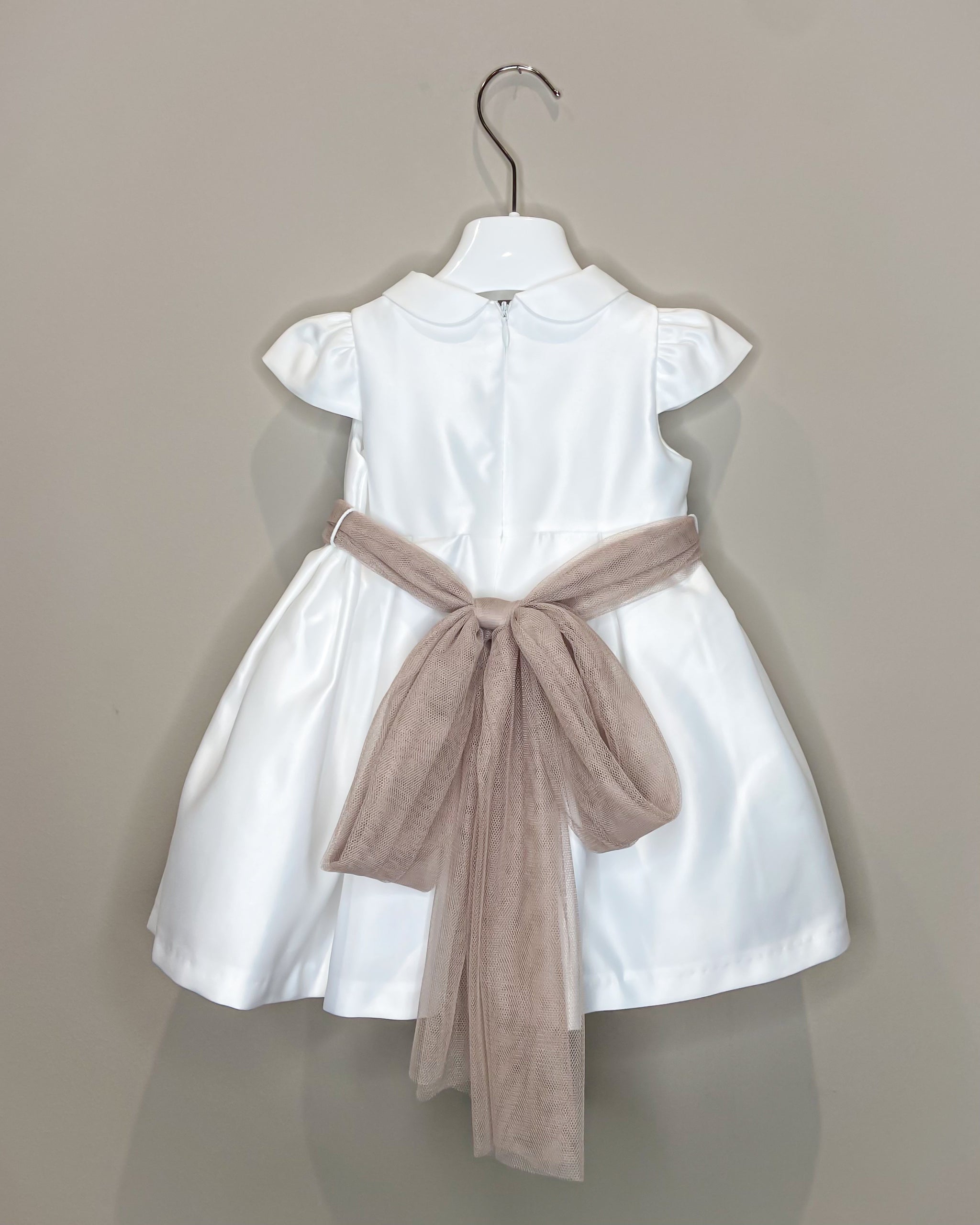 Vestitino Cerimonia Bianco con Fascia in Tulle Tortora - Ninnaoh
