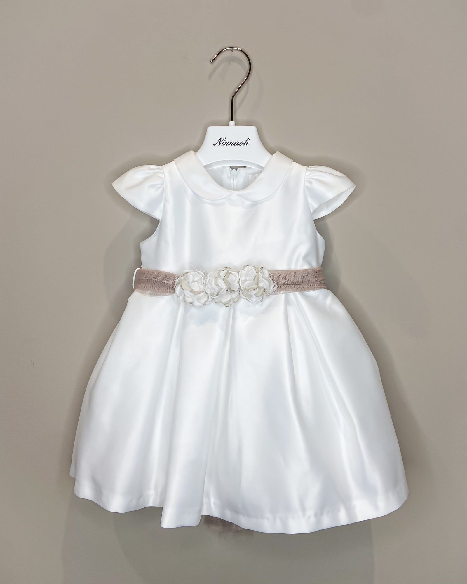 Vestitino Cerimonia Bianco con Fascia in Tulle Tortora - Ninnaoh