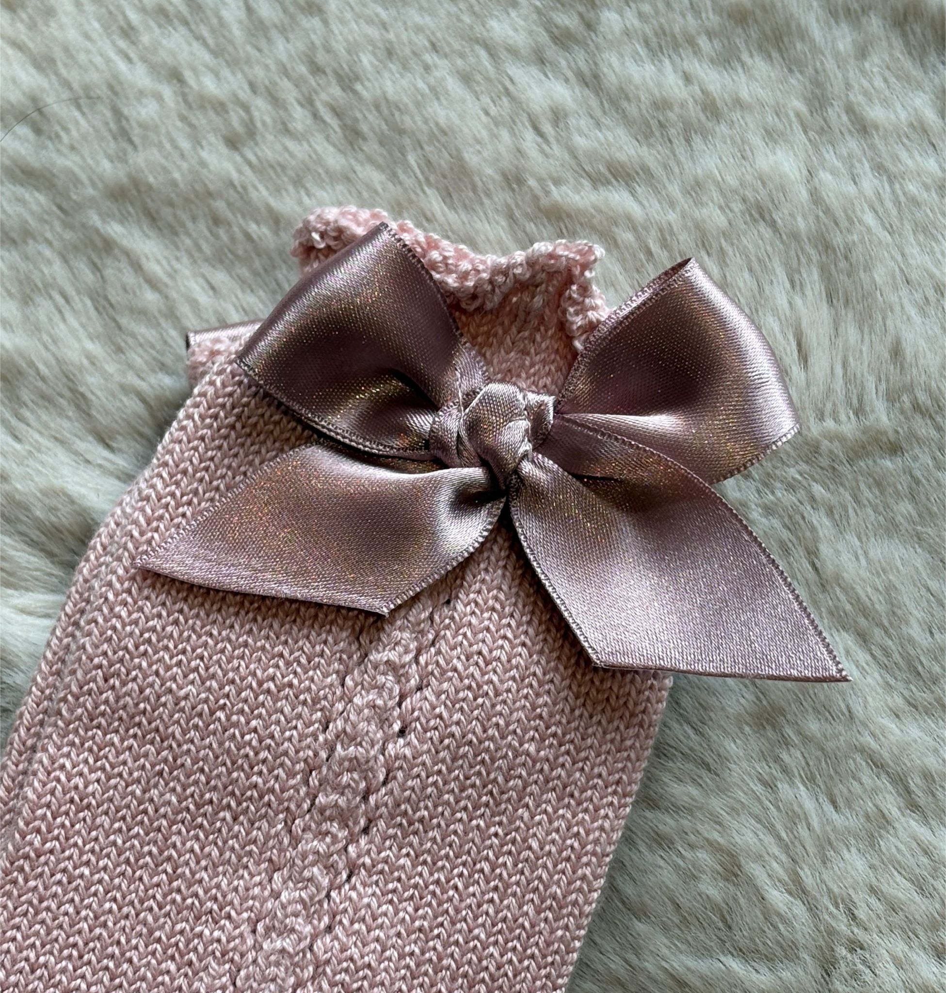 Calzini traforati con fiocco rosa cipria - Juliana