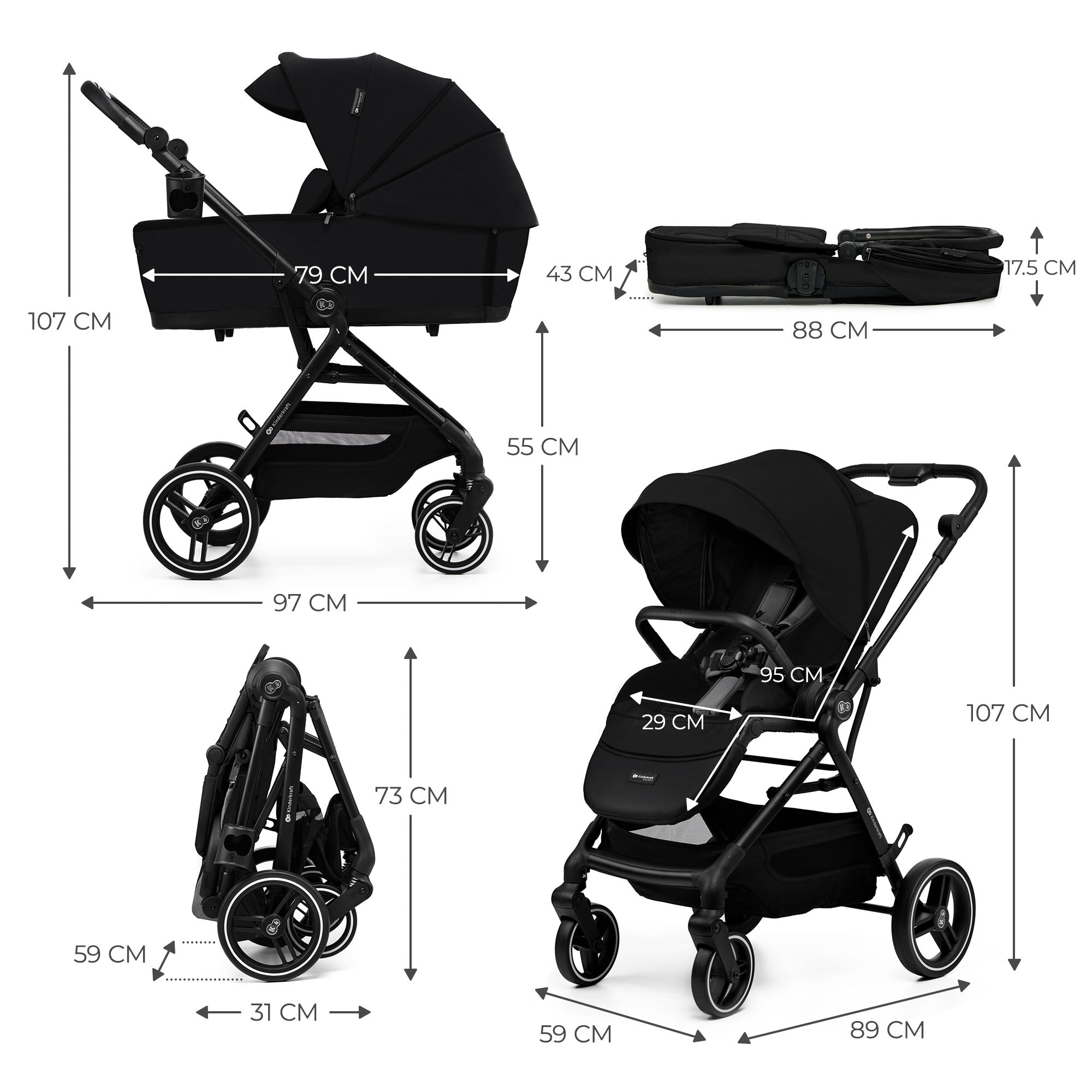 Passeggino 3in1 YOXI Nero - Kinderkraft