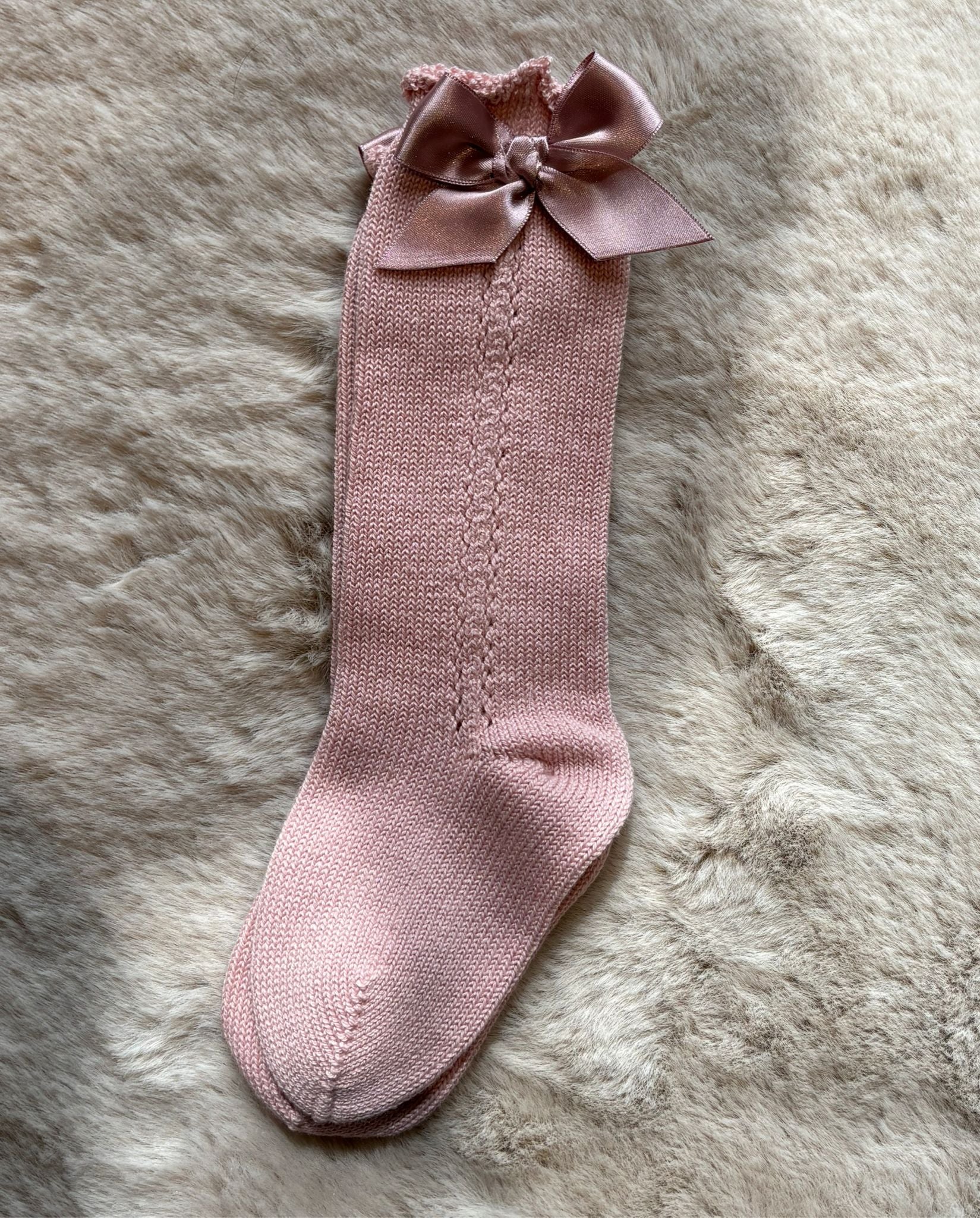 Calzini traforati con fiocco rosa cipria - Juliana