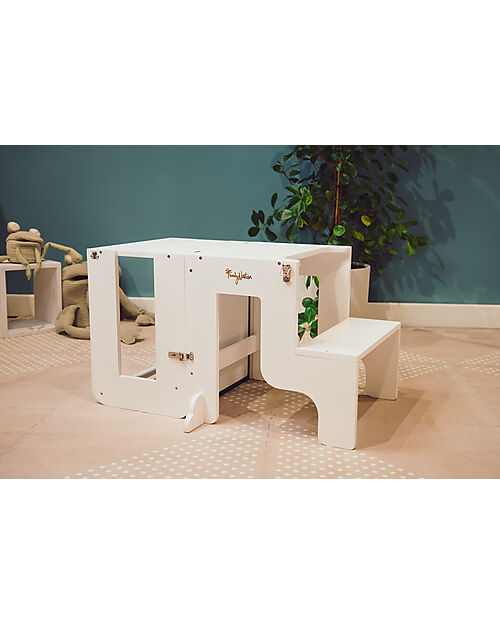 Torre Montessori 3 in 1 - Bianco - Lavagna Magnetica e Convertibile in Tavolo+Sedia
