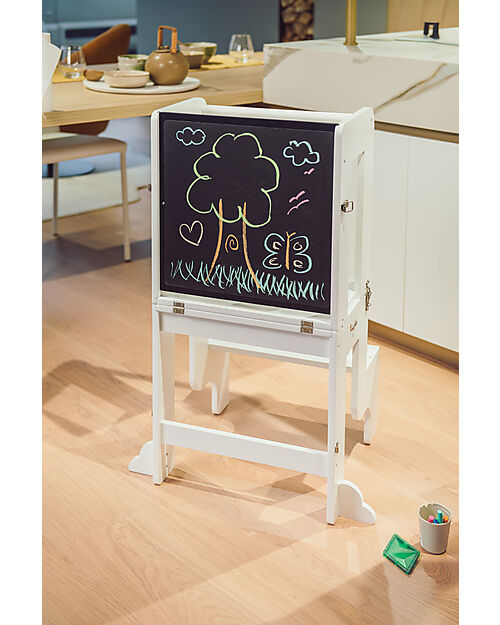 Torre Montessori 3 in 1 - Bianco - Lavagna Magnetica e Convertibile in Tavolo+Sedia