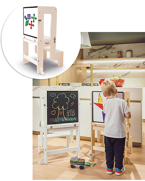 Torre Montessori 3 in 1 - Bianco - Lavagna Magnetica e Convertibile in Tavolo+Sedia