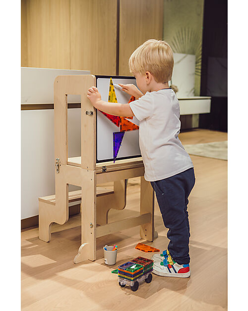 Torre Montessori 3 in 1 - Natural - Lavagna Magnetica e Convertibile in Tavolo+Sedia
