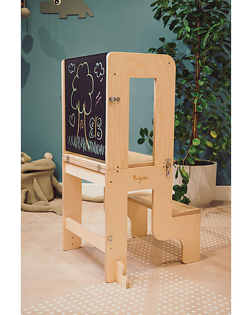 Torre Montessori 3 in 1 - Natural - Lavagna Magnetica e Convertibile in Tavolo+Sedia