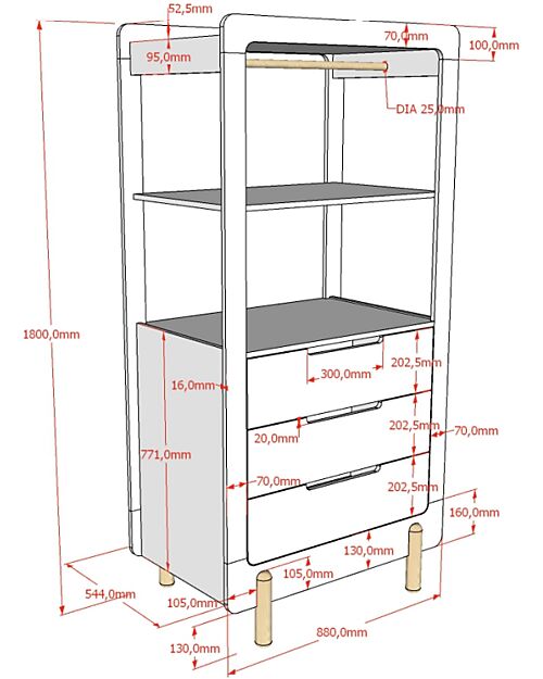 Appendiabiti/Cassettiera Smile - Bianco - 88 x 56,9 x 160 cm - 3 Cassetti - Pino Massiccio e MDF