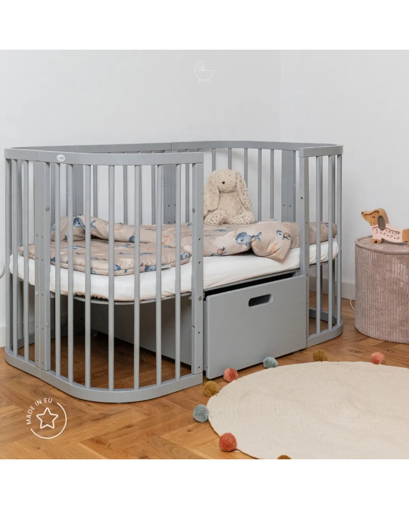 Lettino 7in1 con materasso - Grigio - Waldin