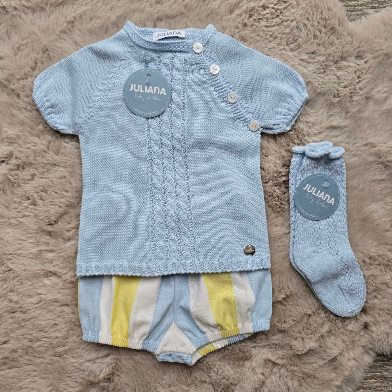 Completo 2 pezzi azzurro con pantaloncino a righe azzurre e gialle - Juliana