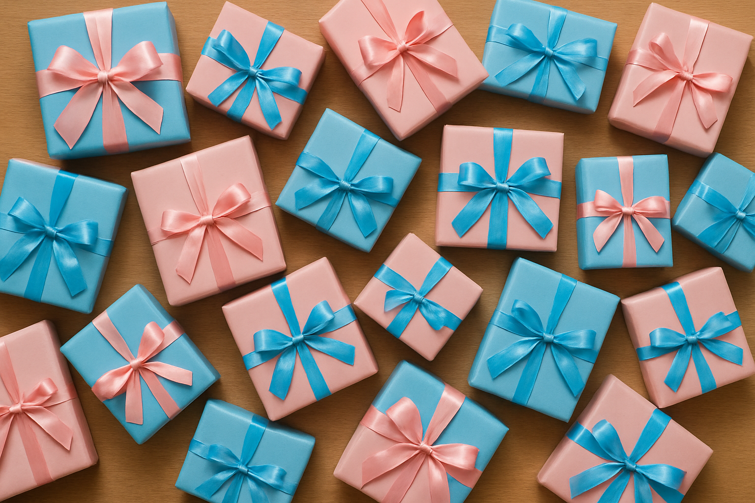 Un tavolo con sopra tanto pacchi regalo di colore rosa e azzurro visti dall'alto